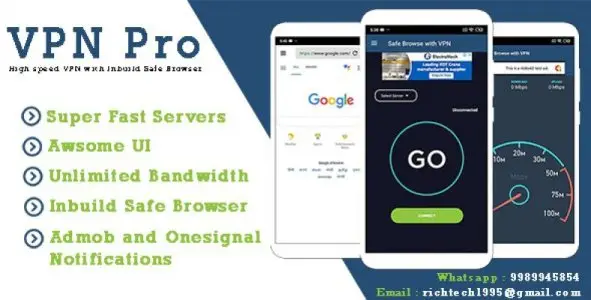 VPN Pro – High speed VPN with Inbuild Safe Browser | Speed Test | Admob | Onesignal